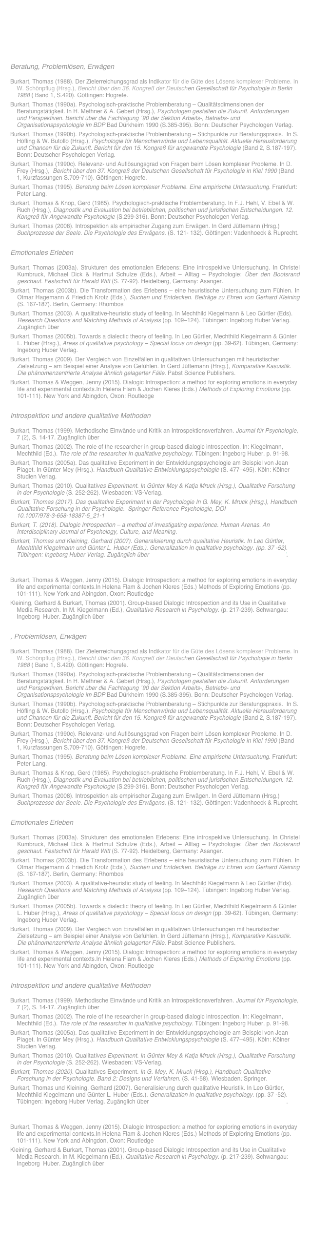 Beratung, Problemlösen, Erwägen
Burkart, Thomas (1988). Der Zielerreichungsgrad als Indikator für die Güte des Lösens komplexer Probleme. In  W. Schönpflug (Hrsg.), Bericht über den 36. Kongreß der Deutschen Gesellschaft für Psychologie in Berlin 1988 ( Band 1, S.420). Göttingen: Hogrefe.
Burkart, Thomas (1990a). Psychologisch-praktische Problemberatung – Qualitätsdimensionen der Beratungstätigkeit. In H. Methner & A. Gebert (Hrsg.), Psychologen gestalten die Zukunft. Anforderungen und Perspektiven. Bericht über die Fachtagung ´90 der Sektion Arbeits-, Betriebs- und Organisationspsychologie im BDP Bad Dürkheim 1990 (S.385-395). Bonn: Deutscher Psychologen Verlag.
Burkart, Thomas (1990b). Psychologisch-praktische Problemberatung – Stichpunkte zur Beratungspraxis.  In S. Höfling & W. Butollo (Hrsg.), Psychologie für Menschenwürde und Lebensqualität. Aktuelle Herausforderung und Chancen für die Zukunft. Bericht für den 15. Kongreß für angewandte Psychologie (Band 2, S.187-197). Bonn: Deutscher Psychologen Verlag. 
Burkart, Thomas (1990c). Relevanz- und Auflösungsgrad von Fragen beim Lösen komplexer Probleme. In D. Frey (Hrsg.),  Bericht über den 37. Kongreß der Deutschen Gesellschaft für Psychologie in Kiel 1990 (Band 1, Kurzfassungen S.709-710). Göttingen: Hogrefe.
Burkart, Thomas (1995). Beratung beim Lösen komplexer Probleme. Eine empirische Untersuchung. Frankfurt: Peter Lang.
Burkart, Thomas & Knop, Gerd (1985). Psychologisch-praktische Problemberatung. In F.J. Hehl, V. Ebel & W.  Ruch (Hrsg.), Diagnostik und Evaluation bei betrieblichen, politischen und juristischen Entscheidungen. 12. Kongreß für Angewandte Psychologie (S.299-316). Bonn: Deutscher Psychologen Verlag.
Burkart, Thomas (2008). Introspektion als empirischer Zugang zum Erwägen. In Gerd Jüttemann (Hrsg.) Suchprozesse der Seele. Die Psychologie des Erwägens. (S. 121- 132). Göttingen: Vadenhoeck & Ruprecht.

Emotionales Erleben
Burkart, Thomas (2003a). Strukturen des emotionalen Erlebens: Eine introspektive Untersuchung. In Christel Kumbruck, Michael Dick & Hartmut Schulze (Eds.), Arbeit – Alltag – Psychologie: Über den Bootsrand geschaut. Festschrift für Harald Witt (S. 77-92). Heidelberg, Germany: Asanger. 
Burkart, Thomas (2003b). Die Transformation des Erlebens – eine heuristische Untersuchung zum Fühlen. In Otmar Hagemann & Friedich Krotz (Eds.), Suchen und Entdecken. Beiträge zu Ehren von Gerhard Kleining (S. 167-187). Berlin, Germany: Rhombos
Burkart, Thomas (2003). A qualitative-heuristic study of feeling. In Mechthild Kiegelmann & Leo Gürtler (Eds). Research Questions and Matching Methods of Analysis (pp. 109–124). Tübingen: Ingeborg Huber Verlag. Zugänglich über http://www.introspektion.net/html/feelingburkart.html
Burkart, Thomas (2005b). Towards a dialectic theory of feeling. In Leo Gürtler, Mechthild Kiegelmann & Günter L. Huber (Hrsg.), Areas of qualitative psychology – Special focus on design (pp. 39-62). Tübingen, Germany: Ingeborg Huber Verlag.
Burkart, Thomas (2009). Der Vergleich von Einzelfällen in qualitativen Untersuchungen mit heuristischer Zielsetzung – am Beispiel einer Analyse von Gefühlen. In Gerd Jüttemann (Hrsg.), Komparative Kasuistik. Die phänomenzentrierte Analyse ähnlich gelagerter Fälle. Pabst Science Publishers.
Burkart, Thomas & Weggen, Jenny (2015). Dialogic Introspection: a method for exploring emotions in everyday life and experimental contexts.In Helena Flam & Jochen Kleres (Eds.) Methods of Exploring Emotions (pp. 101-111). New York and Abingdon, Oxon: Routledge

Introspektion und andere qualitative Methoden
Burkart, Thomas (1999). Methodische Einwände und Kritik an Introspektionsverfahren. Journal für Psychologie, 7 (2), S. 14-17. Zugänglich über http://www.introspektion.net/html/einwandeburkart.html
Burkart, Thomas (2002). The role of the researcher in group-based dialogic introspection. In: Kiegelmann, Mechthild (Ed.). The role of the researcher in qualitative psychology. Tübingen: Ingeborg Huber. p. 91-98.
Burkart, Thomas (2005a). Das qualitative Experiment in der Entwicklungspsychologie am Beispiel von Jean Piaget. In Günter Mey (Hrsg.). Handbuch Qualitative Entwicklungspsychologie (S. 477–495). Köln: Kölner Studien Verlag. 
Burkart, Thomas (2010). Qualitatives Experiment. In Günter Mey & Katja Mruck (Hrsg.), Qualitative Forschung in der Psychologie (S. 252-262). Wiesbaden: VS-Verlag.
Burkart, Thomas (2017). Das qualitative Experiment in der Psychologie In G. Mey, K. Mruck (Hrsg.), Handbuch Qualitative Forschung in der Psychologie.  Springer Reference Psychologie, DOI 10.1007/978-3-658-18387-5_21-1
Burkart, T. (2018). Dialogic Introspection – a method of investigating experience. Human Arenas. An Interdisciplinary Journal of Psychology, Culture, and Meaning. https://doi.org/10.1007/s42087-018-0027-5
Burkart, Thomas und Kleining, Gerhard (2007). Generalisierung durch qualitative Heuristik. In Leo Gürtler, Mechthild Kiegelmann und Günter L. Huber (Eds.). Generalization in qualitative psychology. (pp. 37 -52). Tübingen: Ingeborg Huber Verlag. Zugänglich über http://www.heureka-hamburg.de/Generalisierung.pdf.
Burkart, Thomas, Kleining, Gerhard & Witt, Harald (Hrsg.) (2010). Dialogische Introspektion: Ein gruppengestütztes Verfahren zur Erforschung des Erlebens. Wiesbaden: VS Verlag.
Burkart, Thomas & Weggen, Jenny (2015). Dialogic Introspection: a method for exploring emotions in everyday life and experimental contexts.In Helena Flam & Jochen Kleres (Eds.) Methods of Exploring Emotions (pp. 101-111). New York and Abingdon, Oxon: Routledge
Kleining, Gerhard & Burkart, Thomas (2001). Group-based Dialogic Introspection and its Use in Qualitative Media Research. In M. Kiegelmann (Ed.), Qualitative Research in Psychology. (p. 217-239). Schwangau: Ingeborg  Huber. Zugänglich über http://www.introspektion.net/html/mediaburkart.html

, Problemlösen, Erwägen
Burkart, Thomas (1988). Der Zielerreichungsgrad als Indikator für die Güte des Lösens komplexer Probleme. In  W. Schönpflug (Hrsg.), Bericht über den 36. Kongreß der Deutschen Gesellschaft für Psychologie in Berlin 1988 ( Band 1, S.420). Göttingen: Hogrefe.
Burkart, Thomas (1990a). Psychologisch-praktische Problemberatung – Qualitätsdimensionen der Beratungstätigkeit. In H. Methner & A. Gebert (Hrsg.), Psychologen gestalten die Zukunft. Anforderungen und Perspektiven. Bericht über die Fachtagung ´90 der Sektion Arbeits-, Betriebs- und Organisationspsychologie im BDP Bad Dürkheim 1990 (S.385-395). Bonn: Deutscher Psychologen Verlag.
Burkart, Thomas (1990b). Psychologisch-praktische Problemberatung – Stichpunkte zur Beratungspraxis.  In S. Höfling & W. Butollo (Hrsg.), Psychologie für Menschenwürde und Lebensqualität. Aktuelle Herausforderung und Chancen für die Zukunft. Bericht für den 15. Kongreß für angewandte Psychologie (Band 2, S.187-197). Bonn: Deutscher Psychologen Verlag. 
Burkart, Thomas (1990c). Relevanz- und Auflösungsgrad von Fragen beim Lösen komplexer Probleme. In D. Frey (Hrsg.),  Bericht über den 37. Kongreß der Deutschen Gesellschaft für Psychologie in Kiel 1990 (Band 1, Kurzfassungen S.709-710). Göttingen: Hogrefe.
Burkart, Thomas (1995). Beratung beim Lösen komplexer Probleme. Eine empirische Untersuchung. Frankfurt: Peter Lang.
Burkart, Thomas & Knop, Gerd (1985). Psychologisch-praktische Problemberatung. In F.J. Hehl, V. Ebel & W.  Ruch (Hrsg.), Diagnostik und Evaluation bei betrieblichen, politischen und juristischen Entscheidungen. 12. Kongreß für Angewandte Psychologie (S.299-316). Bonn: Deutscher Psychologen Verlag.
Burkart, Thomas (2008). Introspektion als empirischer Zugang zum Erwägen. In Gerd Jüttemann (Hrsg.) Suchprozesse der Seele. Die Psychologie des Erwägens. (S. 121- 132). Göttingen: Vadenhoeck & Ruprecht.

Emotionales Erleben
Burkart, Thomas (2003a). Strukturen des emotionalen Erlebens: Eine introspektive Untersuchung. In Christel Kumbruck, Michael Dick & Hartmut Schulze (Eds.), Arbeit – Alltag – Psychologie: Über den Bootsrand geschaut. Festschrift für Harald Witt (S. 77-92). Heidelberg, Germany: Asanger. 
Burkart, Thomas (2003b). Die Transformation des Erlebens – eine heuristische Untersuchung zum Fühlen. In Otmar Hagemann & Friedich Krotz (Eds.), Suchen und Entdecken. Beiträge zu Ehren von Gerhard Kleining (S. 167-187). Berlin, Germany: Rhombos
Burkart, Thomas (2003). A qualitative-heuristic study of feeling. In Mechthild Kiegelmann & Leo Gürtler (Eds). Research Questions and Matching Methods of Analysis (pp. 109–124). Tübingen: Ingeborg Huber Verlag. Zugänglich über http://www.introspektion.net/html/feelingburkart.html
Burkart, Thomas (2005b). Towards a dialectic theory of feeling. In Leo Gürtler, Mechthild Kiegelmann & Günter L. Huber (Hrsg.), Areas of qualitative psychology – Special focus on design (pp. 39-62). Tübingen, Germany: Ingeborg Huber Verlag.
Burkart, Thomas (2009). Der Vergleich von Einzelfällen in qualitativen Untersuchungen mit heuristischer Zielsetzung – am Beispiel einer Analyse von Gefühlen. In Gerd Jüttemann (Hrsg.), Komparative Kasuistik. Die phänomenzentrierte Analyse ähnlich gelagerter Fälle. Pabst Science Publishers.
Burkart, Thomas & Weggen, Jenny (2015). Dialogic Introspection: a method for exploring emotions in everyday life and experimental contexts.In Helena Flam & Jochen Kleres (Eds.) Methods of Exploring Emotions (pp. 101-111). New York and Abingdon, Oxon: Routledge

Introspektion und andere qualitative Methoden
Burkart, Thomas (1999). Methodische Einwände und Kritik an Introspektionsverfahren. Journal für Psychologie, 7 (2), S. 14-17. Zugänglich über http://www.introspektion.net/html/einwandeburkart.html
Burkart, Thomas (2002). The role of the researcher in group-based dialogic introspection. In: Kiegelmann, Mechthild (Ed.). The role of the researcher in qualitative psychology. Tübingen: Ingeborg Huber. p. 91-98.
Burkart, Thomas (2005a). Das qualitative Experiment in der Entwicklungspsychologie am Beispiel von Jean Piaget. In Günter Mey (Hrsg.). Handbuch Qualitative Entwicklungspsychologie (S. 477–495). Köln: Kölner Studien Verlag. 
Burkart, Thomas (2010). Qualitatives Experiment. In Günter Mey & Katja Mruck (Hrsg.), Qualitative Forschung in der Psychologie (S. 252-262). Wiesbaden: VS-Verlag.
Burkart, Thomas (2020). Qualitatives Experiment. In G. Mey, K. Mruck (Hrsg.), Handbuch Qualitative Forschung in der Psychologie. Band 2: Designs und Verfahren. (S. 41-58). Wiesbaden: Springer.
Burkart, Thomas und Kleining, Gerhard (2007). Generalisierung durch qualitative Heuristik. In Leo Gürtler, Mechthild Kiegelmann und Günter L. Huber (Eds.). Generalization in qualitative psychology. (pp. 37 -52). Tübingen: Ingeborg Huber Verlag. Zugänglich über http://www.heureka-hamburg.de/Generalisierung.pdf.
Burkart, Thomas, Kleining, Gerhard & Witt, Harald (Hrsg.) (2010). Dialogische Introspektion: Ein gruppengestütztes Verfahren zur Erforschung des Erlebens. Wiesbaden: VS Verlag.
Burkart, Thomas & Weggen, Jenny (2015). Dialogic Introspection: a method for exploring emotions in everyday life and experimental contexts.In Helena Flam & Jochen Kleres (Eds.) Methods of Exploring Emotions (pp. 101-111). New York and Abingdon, Oxon: Routledge
Kleining, Gerhard & Burkart, Thomas (2001). Group-based Dialogic Introspection and its Use in Qualitative Media Research. In M. Kiegelmann (Ed.), Qualitative Research in Psychology. (p. 217-239). Schwangau: Ingeborg  Huber. Zugänglich über http://www.introspektion.net/html/mediaburkart.html

